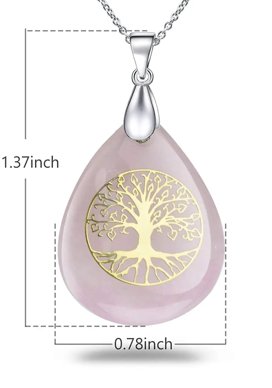 Tree of Life Pendant with Chain Natural Stone Rose Quartz